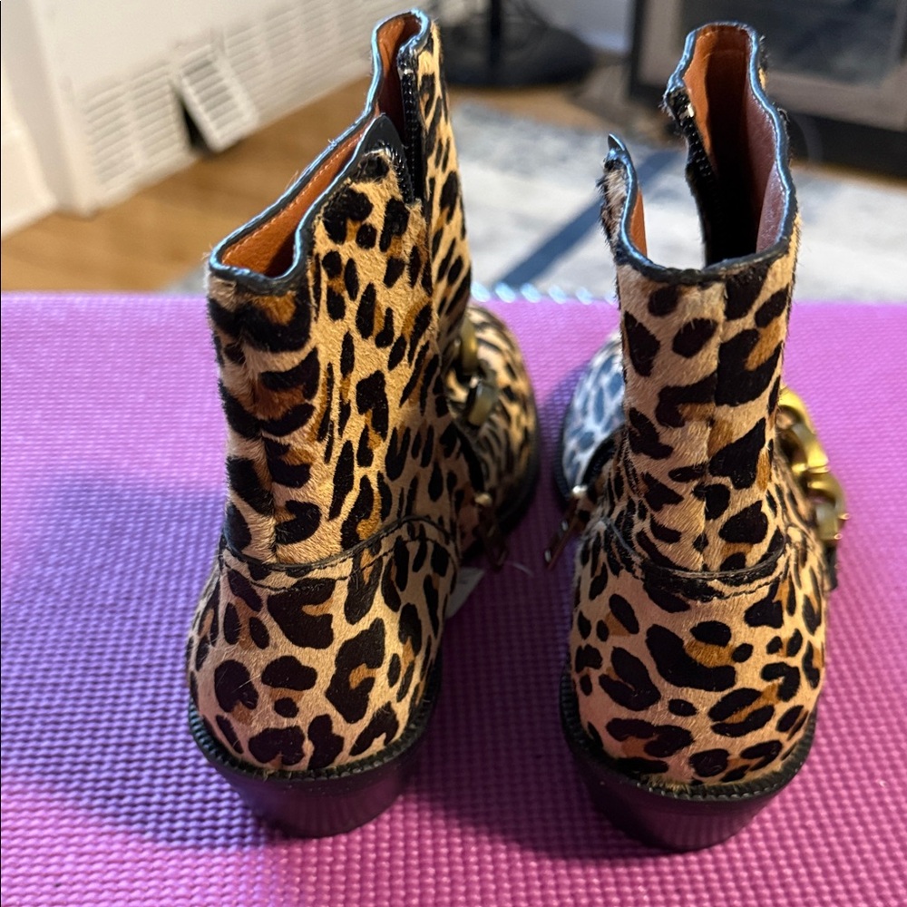 Coach Leopard Print Ankle Booties with Gold Chain Trim - Picture 5 of 7